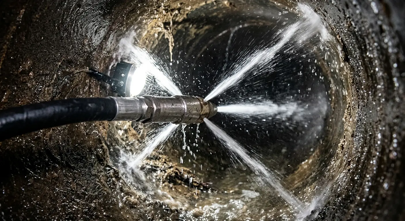 High-pressure hydro jetting nozzle cleaning sewer pipe for Emergency Drain Service in Cottage Grove