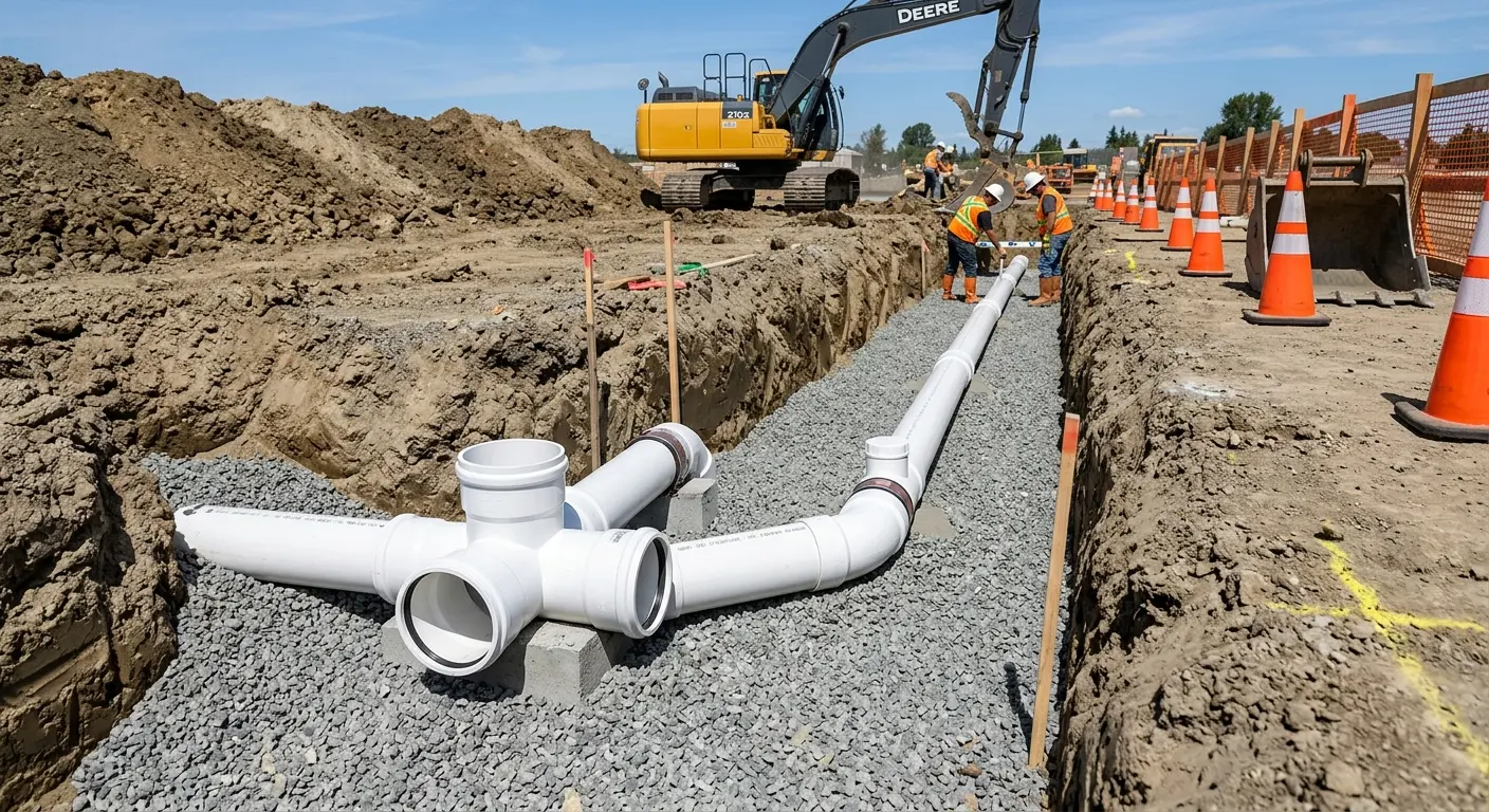 New PVC sewer pipe installation in open trench for Sewer Camera Inspection in Cottage Grove