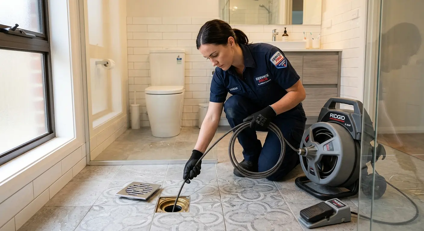 Technician clearing a bathroom floor drain for Sewer Line Replacement in Cottage Grove